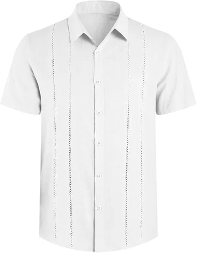 Vista 2 de Mens Casual Button Down Short Sleeve Guayabera Shirts Solid Lapel Cuban Camp Beach Tops