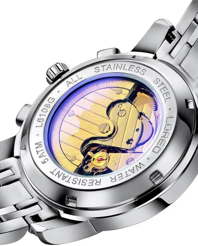 Vista 3 de LOREO - Reloj automático para hombre multifunción de acero inoxidable, cristal de zafiro, resistente al agua, color azul