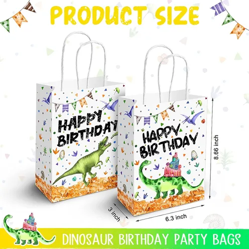 Vista 2 de Containlol 16 bolsas de papel para fiesta de cumpleaños de dinosaurio, bolsas de regalo de cumpleaños con asa para niños y niñas, temática