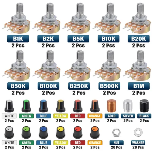 Vista 2 de WH148 Kit de potenciómetro 1K 2K 5K 10K 20K 50K 100K 250K 500K 1MK Ohm 0.591 in Eje Potenciómetros lineales de una sola articulación Juego de 3