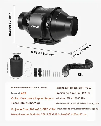 Vista 7 de VEVOR Kit de filtración de aire de 4 pulgadas, ventilador de conducto en línea de 180 CFM con controlador de velocidad, filtro de carbono y sistema