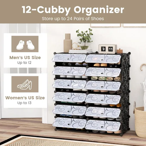 Vista 4 de COSTWAY Organizador de zapatos, estantes de zapatos de 6 niveles con cubiertas, diseño de bricolaje, 24 pares de cajas organizadoras de cubos Negro