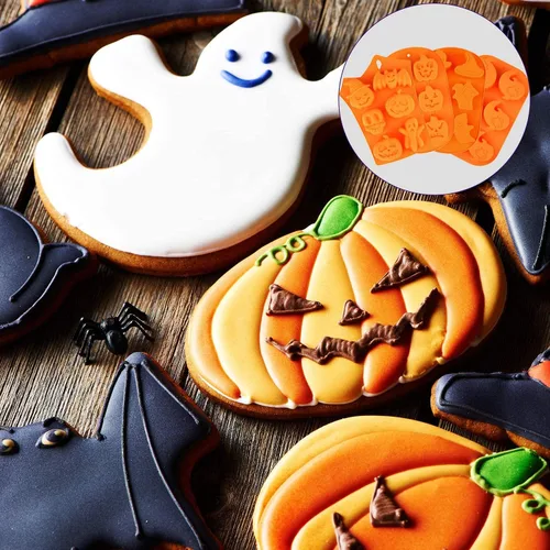 Vista 6 de Molde de silicona para chocolate con temática de Halloween, calabaza, murciélago, calavera, fantasma, molde para caramelos, 2 unidades de 12