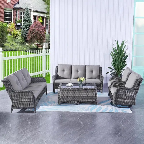 Vista 42 de HUMMUH Juego de 2 Sillas Giratorias Mecedoras de Mimbre para Patio Exterior, Juego de Muebles de Sillas Mecedoras de Ratán (Marrón, Azul) 50,000