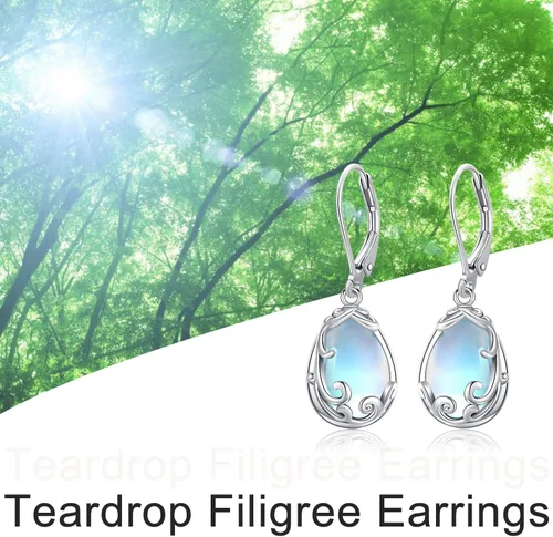 Vista 5 de Aretes de plata de ley 925 con diseño de gato, árbol de la vida, piedra lunar, lágrima, filigrana, colgantes, para mujeres y niñas