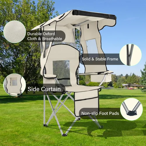 Vista 5 de PLKO Sillas de camping con toldo, silla de césped portátil cuádruple para adultos, silla reclinable plegable con portavasos para eventos al aire