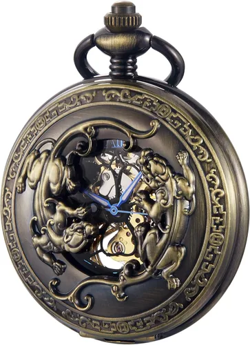 Vista 9 de Bronze Retro Mechanical Pocket Watch Skeleton Roman Numerals Hollow Mechanical Pocket Watches with Box M100