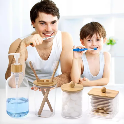 Vista 7 de Juego de accesorios de baño de bambú, 4 piezas, soporte para cepillos de dientes transparente, dispensador de jabón de plástico y 2 soportes
