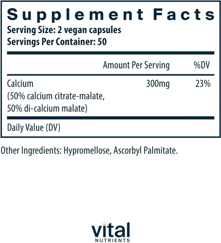 Vista 2 de Vital Nutrients - Calcio (Citrato/Malato) - Forma más biodisponible de calcio - 100 cápsulas vegetarianas por botella - 150 mg