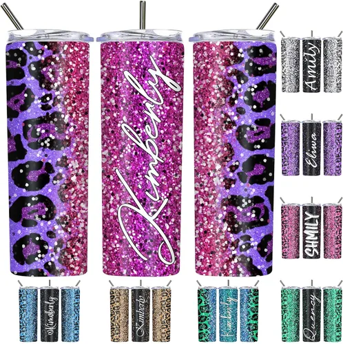 Vista 23 de Vasos personalizados con estampado de leopardo con tapas y pajitas, vasos delgados personalizados de 20 onzas con nombres para mujeres y hombres