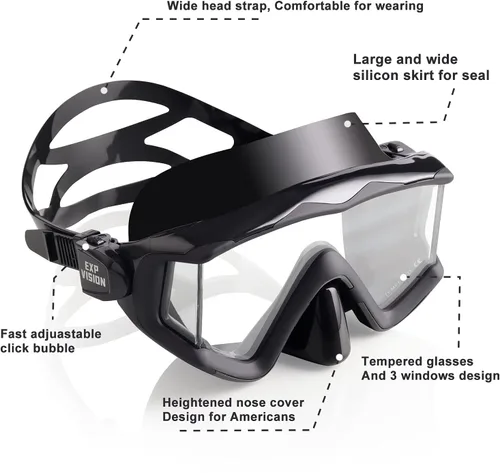 Vista 3 de Máscara de buceo Pano 3 para adultos, máscara de esnórquel de vidrio templado, máscara de natación antivaho sin fugas, gafas de natación con Negro