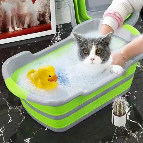 Vista 4 de Goderewild Bañera plegable multiusos para mascotas con orificio de drenaje para cachorros, perros pequeños, gatos, cesta de lavandería portátil Verde