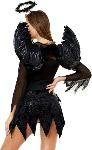 Vista 5 de Oplxuo Disfraces de Halloween para mujer, vestidos góticos sexis, Halloween, cosplay, vestido de ángel oscuro, vestidos de fantasma con diadema, alas