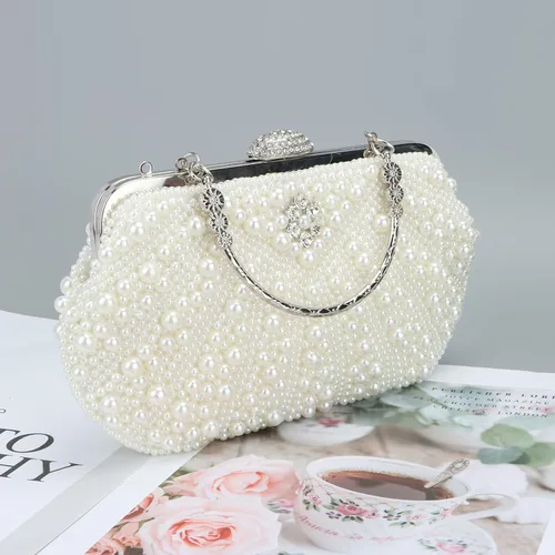 Vista 6 de Fecialy Bolsos de mano con perlas para mujer, bolsos de noche con cuentas de cristal y cadena de perlas