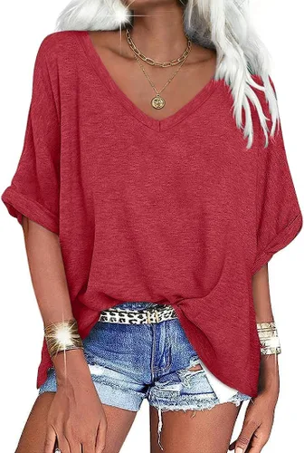 Vista 7 de UNCLECAT Camisetas de gran tamaño con cuello en V para mujer, camisas de manga corta de verano, holgadas, casuales