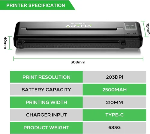 Vista 6 de ARTFLY Impresora de plantillas de transferencia de tatuajes – Máquina de transferencia térmica profesional Bluetooth/USB-C de 203 DPI, batería de 18