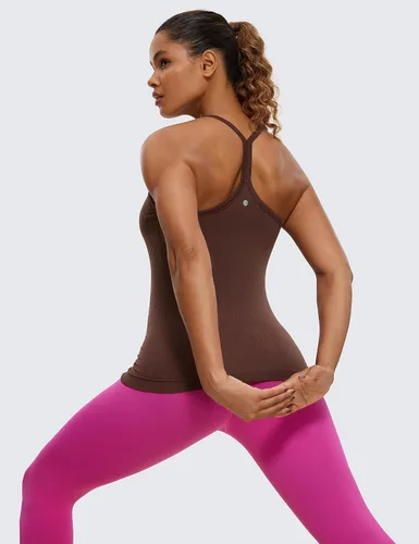 Vista 4 de CRZ YOGA - Camisetas deportivas para mujer, sin mangas, sin costuras, con espalda cruzada y brasier incorporado, camisetas para entrenamiento