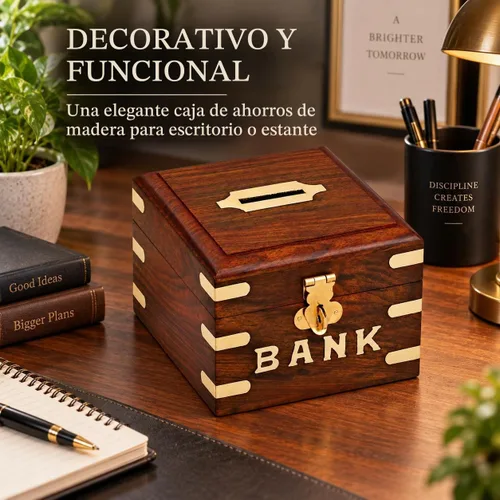 Vista 6 de Ajuny Banco de dinero de madera, hecho a mano, forma cuadrada, decorativa