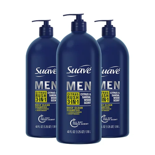 Vista 10 de Suave Men Citrus Rush Daily Clean 3 en 1 champú, acondicionador y gel de baño con glicerina y queratina hidrata y suaviza el cabello, aroma cítrico