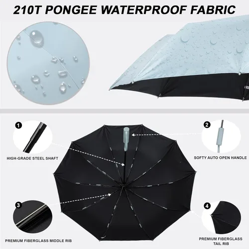 Vista 5 de veduta Travel Umbrella for Rain 10 Ribs Large Size Protection Sun-Folding Portable UV Umbrella Windproof Sturdy Umbrellas Compact Easy Auto