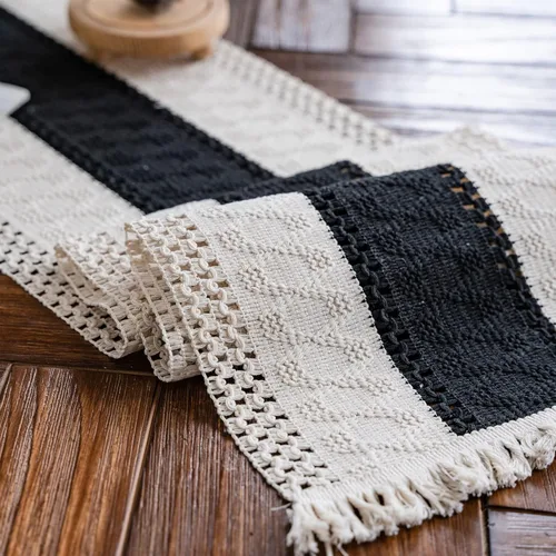 Vista 9 de Camino de mesa de macramé, color beige crema, bohemio, con borlas, camino de mesa de algodón tejido a mano, camino de mesa rústico para cocina