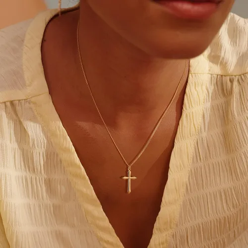 Vista 113 de Fettero - Collar con dije de cruz de fe, chapado en oro de 14 K, cadena fina, minimalista, simple, pequeña, para oración, regalo de joyería religiosa