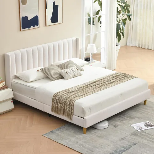 Vista 25 de Marco de cama tapizado de terciopelo individual con cabecera con respaldo de ala, color crema Cama de plataforma capitoné de canal vertical