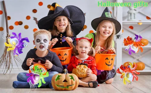 Vista 4 de Paquete de 20 llaveros divertidos y únicos de araña, diseño de arcoíris, juguetes para fiestas de Halloween, juguetes para niños, estudiantes
