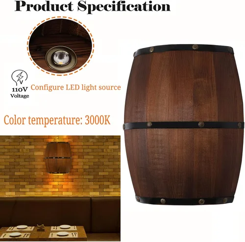 Vista 4 de Aplique de pared de barril de vino de madera antigua, lámpara de pared interior para área de bar, tema steampunk, accesorio de iluminación de pared