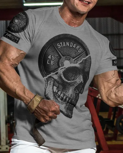 Vista 2 de Camisa de gimnasio con placa de calavera, camiseta de calavera de peso muerto para hombre