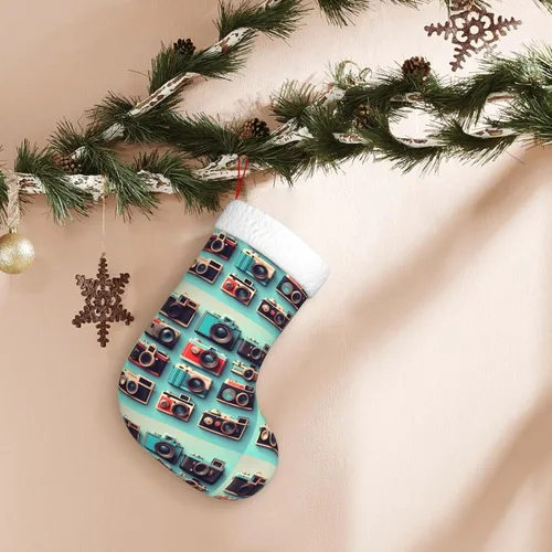 Vista 8 de Retro Cool Camera Collection Print Christmas Stocking, Christmas Tree Decor Stocking, Flannel Cuff With Hanging Ribbonâ€‹