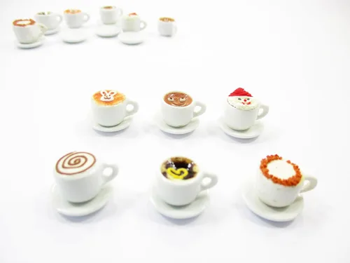 Vista 3 de Casa de muñecas Miniaturas Bebida Bebida Set 6 Taza de Cerámica de Café Mixto Suministro 14174 Mixed coffee cups saucers sets, ceramic mini 6 tea