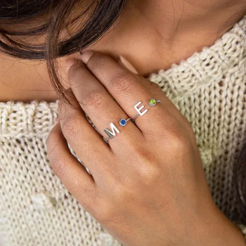 Vista 5 de 925 Sterling Silver Initial Letter Birthstone Rings for Women Adjustable 1-12 Month Birthstone Alphabet Stacking Ring for Teens Girls Stackable