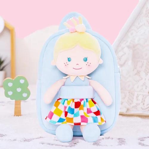 Vista 4 de Onetoo Mochila para niños pequeños con muñecas suaves en vestido a cuadros de 9.5 pulgadas