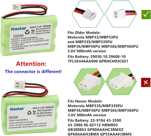 Vista 3 de Kastar Paquete de 2 baterías AAAx3 3.6V PH 1000mAh Ni-MH para Motorola MBP33, MBP36 MBP36PU Baby Monitor, TFL3X44AAA900 CB94-01A y Graco 2795DIG1