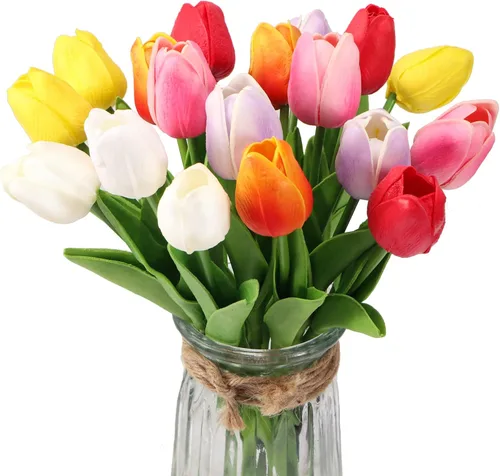 Vista 10 de 30 tulipanes reales al tacto, flores de poliuretano, tulipanes artificiales para arreglos de boda, fiesta, Pascua, primavera, hogar, comedor, Rosa