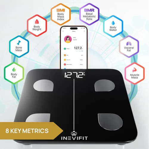 Vista 2 de INEVIFIT Báscula inteligente de grasa corporal, analizador digital de composición corporal de baño Bluetooth de alta precisión, mide peso, grasa