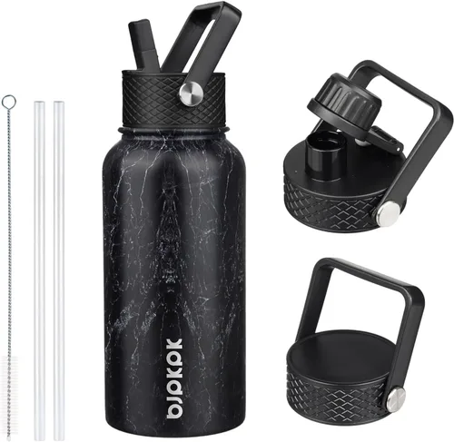 Vista 43 de BJPKPK Botellas de Agua Aisladas con Tapa de Pajita, Botella de Agua de Acero Inoxidable de 18oz, Termo Frío Caliente con 3 Tapas, Vaso de Viaje a