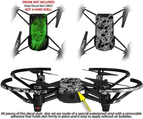 Vista 2 de Skin Decal Wrap Pack 2 para DJI Ryze Tello Drone Flaming Fire Skull Green Drone no incluido
