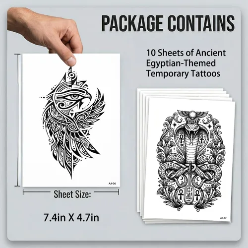Vista 6 de Tatuajes temporales para mujeres y hombres, diseños egipcios, 10 hojas Impermeable, Ankh Eye of Horus Scarab Faraón, de larga duración, Fiesta