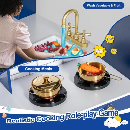 Vista 4 de BRINJOY Cocina de Juego de Esquina para Niños, Juego de Cocina de Madera para Niños Pequeños con Grifo, Fregadero, Microondas, Horno, Delantal