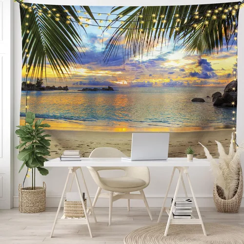 Vista 6 de Lunarable Tapiz costero, puesta de sol en la playa, palmeras del océano retumbante, imagen de lugares de viaje, decoración de tela para colgar