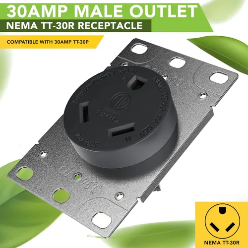 Vista 3 de RV 30 amperios, 125 voltios, NEMA TT-30R, 2P, receptáculo de alimentación de 3 W, cuchilla recta, grado industrial, conexión a tierra, cable