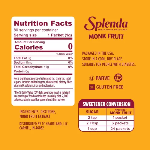 Vista 2 de SPLENDA Monk Fruit - Edulcorante a base de plantas cero calorías, sin eritritol, sustituto de azúcar Keto (80 unidades)