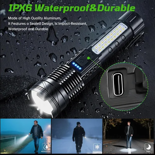 Vista 5 de Linternas Recargables de Alto Lumen, Linterna Recargable de 7 Modos, Linterna LED Súper Brillante con Luz Táctica Ajustable, Linterna de Mano