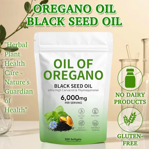 Vista 6 de Aceite de cápsulas blandas de orégano, con aceite de semilla negra y timoquinona, 300 unidades, 6000 mg, sin OMG, 2 en 1 formulado con Carvacro de 4