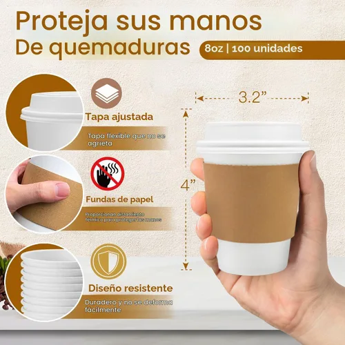 Vista 2 de Ginkgo Paquete de 100 Tazas de Café de Papel Engrosado de 8 oz con Tapas y Fundas Blancas, Tazas de Café Desechables para Llevar para Café Espresso