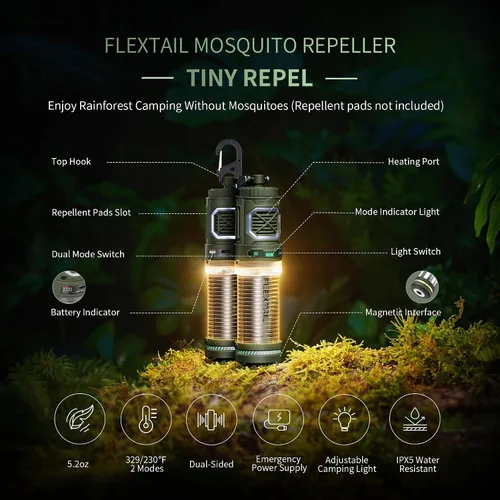 Vista 8 de FLEXTAIL Repelente de mosquitos pequeño recargable con calefacción de 329 °F con zona de protección de 30 pies, ultra mini con luz de campamento