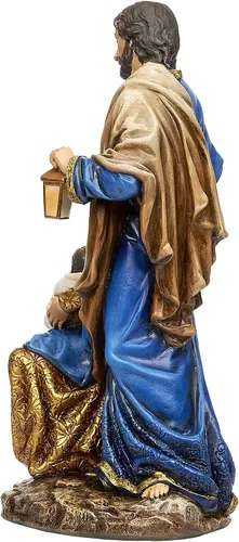 Vista 3 de Joseph's Studio by Roman, Figura de Natividad de la Sagrada Familia de 10.5 pulgadas de alto, estatua de Navidad azul y dorada, resina de 10.5