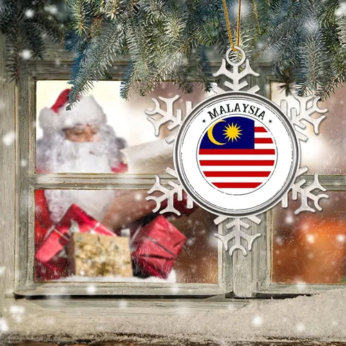 Vista 6 de Bandera de Malasia Adornos de Navidad para niños, bandera nacional, silueta de Malasia, decoraciones de Navidad, regalo de metal copo de nieve